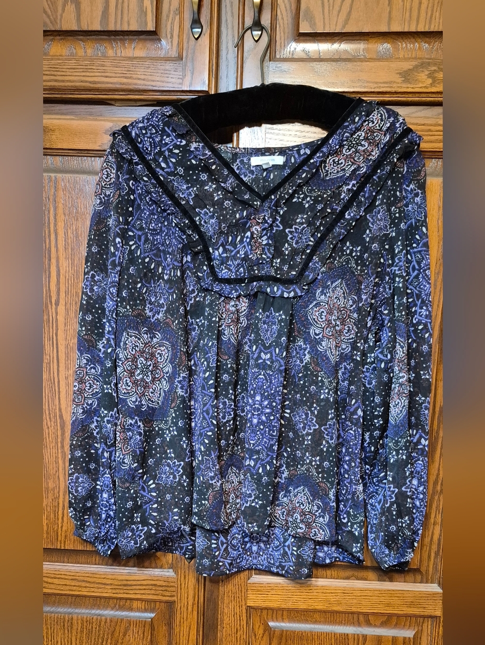 Women's Printed Peasant Blouse - Black & Purple